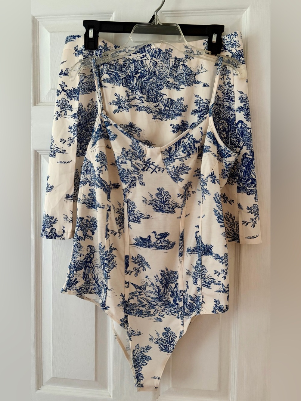Cider Cream Bodysuit and Skirt Set with Blue Toile Print